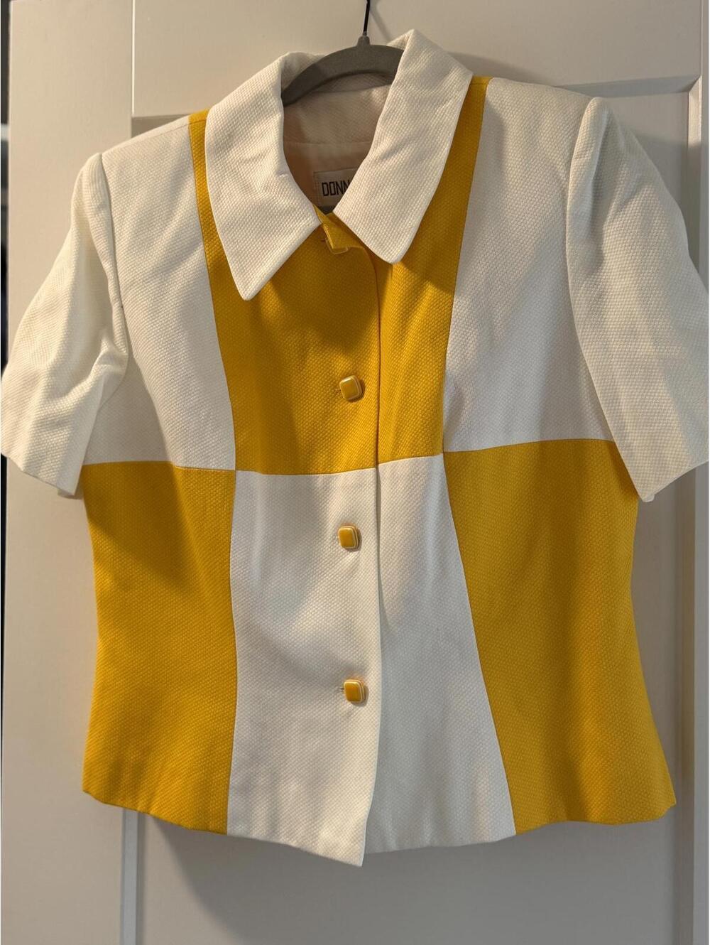 Vintage Donna Toran Yellow and White Colorblock Short Sleeve Blouse Size 10